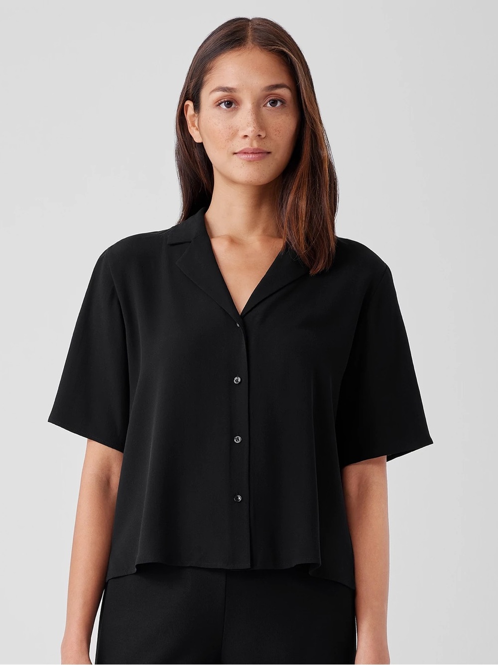 Eileen Fisher 100% Silk Georgette Crepe Notch Collar Shirt Black Button Down XL